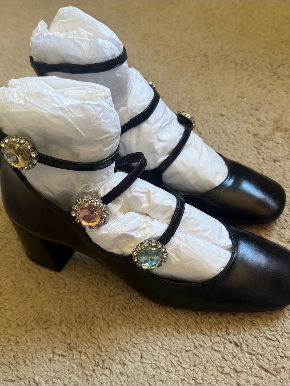 Maeve Black Leather Mary Jane Heels with Multicolor Rhinestone Buttons